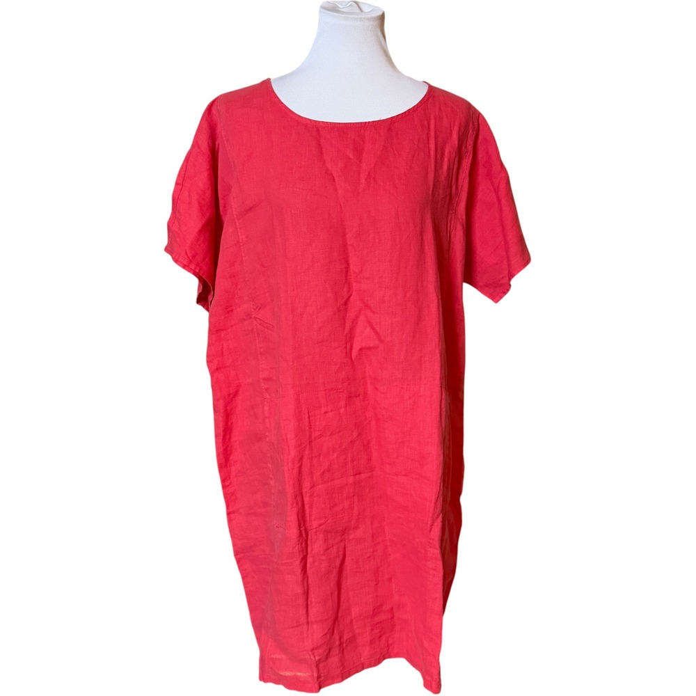 Eileen Fisher Shift Dress Womens Medium Red Organic Linen Short Sleeve Midi S23 - Picture 2 of 9